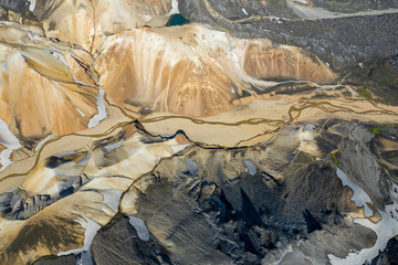 Landmannalaugar National Park - Iceland. Rainbow Mountains. Aerial view of beautiful colorful volcanic mountains. Top view. Picture made by drone from above.