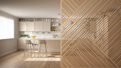 Wooden panel close-up, modern white kitchen with island and stools, parquet floor. Minimalist zen interior design concept idea, contemporary architecture template