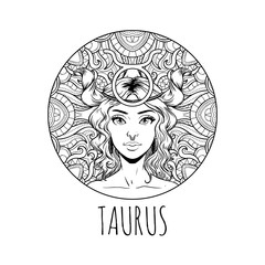Taurus zodiac sign artwork, adult coloring book page, beautiful horoscope symbol girl, vector illustration