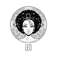 Leo zodiac sign artwork, adult coloring book page, beautiful horoscope symbol girl, vector illustration