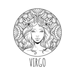Virgo zodiac sign artwork, adult coloring book page, beautiful horoscope symbol girl, vector illustration
