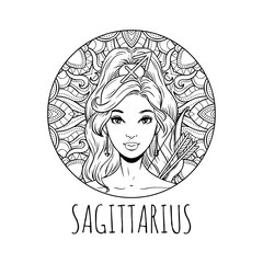 Sagittarius zodiac sign artwork, adult coloring book page, beautiful horoscope symbol girl, vector illustration