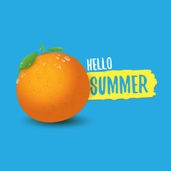 Vector Hello Summer label or flyer Design template with fresh orange fruit isolated on blue background. Hello summer concept label or poster with fruit and letternig text
