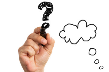 Person making question mark on board