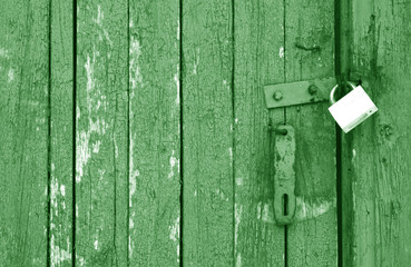 Old padlock on wooden gate in green tone.