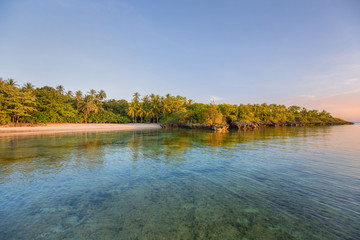 white sand beach with palm trees in sunset golden hour a summer sunny vacation image