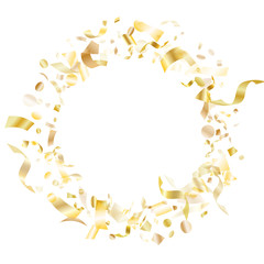 Holiday realistic gold confetti flying on black background.