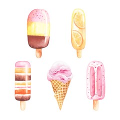 Ice cream collection of ice lolly with fruits, chocolate and waffle cone, vector illustration in vintage watercolor style.