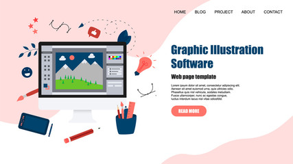 Webpage Template. Flat vector graphic drawing concept with open illustration application with a creative project	