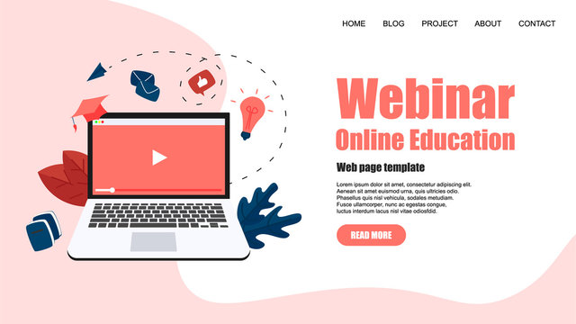 Web Template. Webinar, internet conference, web based seminar, online education, e-learning flat design concept	