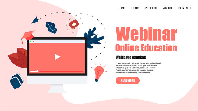 Web Template. Webinar, internet conference, web based seminar, online education, e-learning flat design concept	