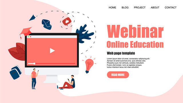 Web Template. Webinar, internet conference, web based seminar, online education, e-learning flat design concept	