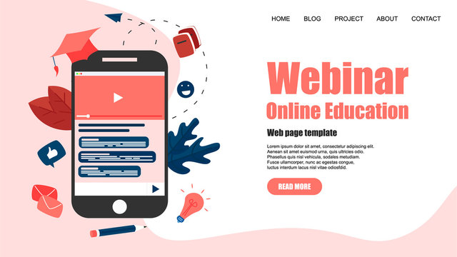 Web Template. Webinar, internet conference, web based seminar, online education, e-learning flat design concept	