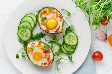 egg baked in avocado, toast, breakfast, top view