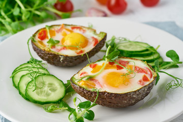 egg baked in avocado, toast, breakfast, closeup