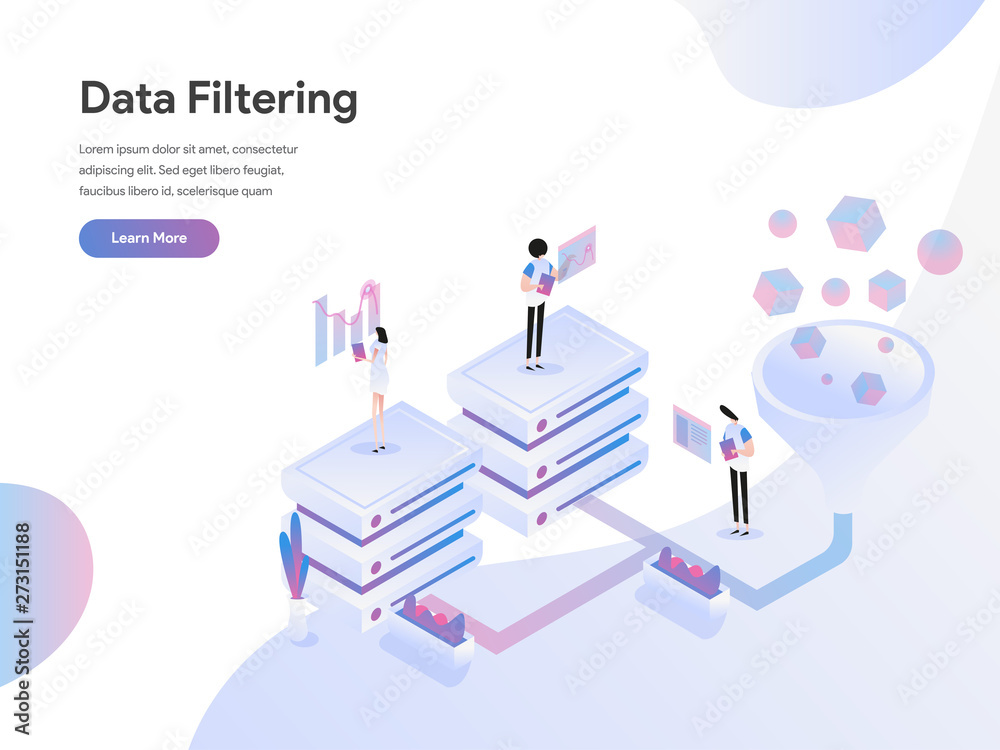 Poster landing page template of data filtering isometric illustration concept. flat design concept of web p