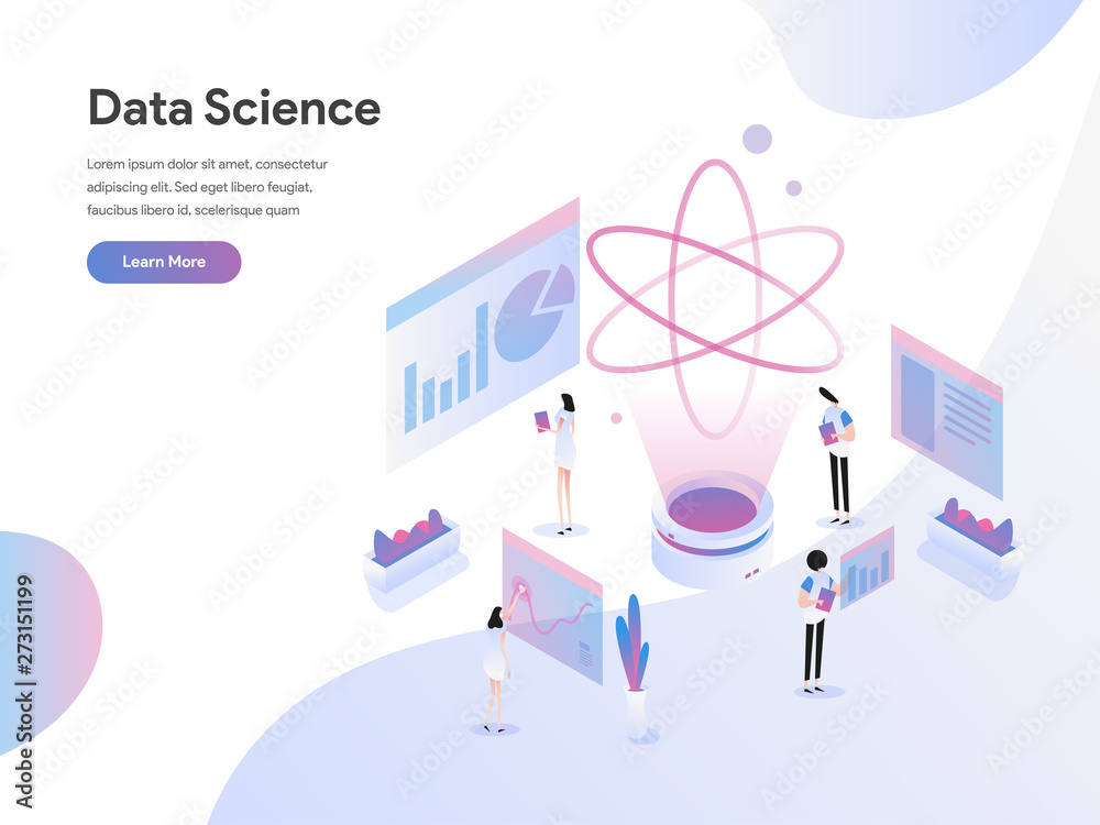Poster landing page template of data science isometric illustration concept. flat design concept of web pag