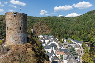 Aerial view castle ruin and village Esch-sur-Sure in Luxembourg