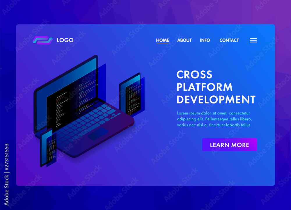 Fototapete Multi platform software development and coding programming website template, landing page or banner isometric 3D design. Set of electronic devices use cross-platform web app development multi-device.