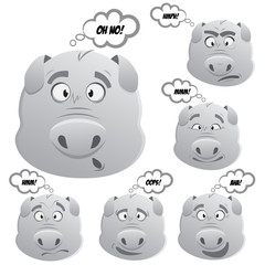 Vector cartoon pig emotions set. Black and white pictures