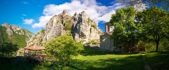 Exterior view to St. Nicola Shishevski monastery at the mountains above Matka Canyon, North...