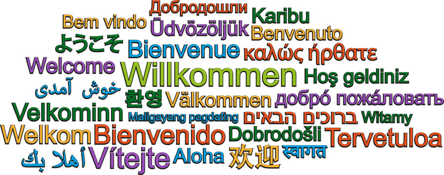 WELCOME word cloud in many different languages vector illustration