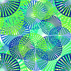 Seamless pattern of geometric elements. Blue and green shapes on a white background.