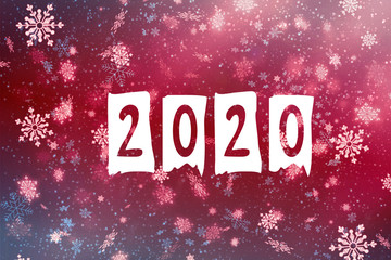 New year-2020. New year's composition, the concept of the New year. Inscription 2020 red background with painted snow and snowflakes. Illustration, copy space.