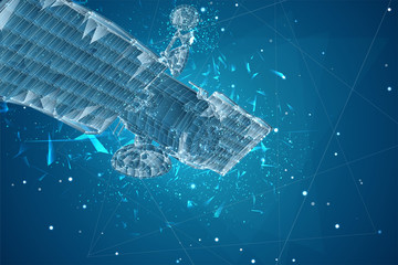 vector 3d background. communication satellite in a volumetric triangular style. abstract caotic particle explosion