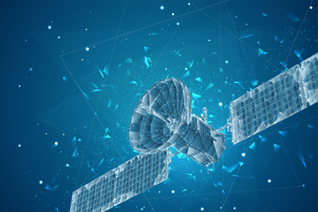 vector 3d background. communication satellite in a volumetric triangular style. abstract caotic particle explosion