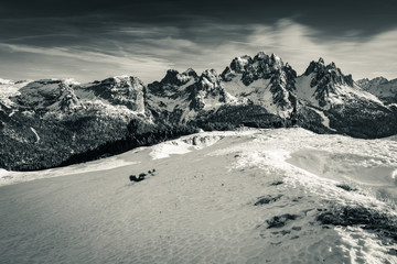 beautiful scenic winter snow capped mountain range panoramic view in dolomites, monte piana, italy