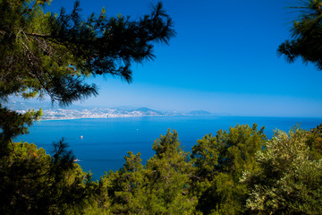 Fototapeta na wymiar Beautiful view of the Mediterranean Sea, the mountains, the forest and the city. Turkey, Alanya.