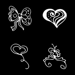 Flowers and hearts hand drawn doodle collection isolated on black background. 4 floral graphic elements. Big  set. Outline collection