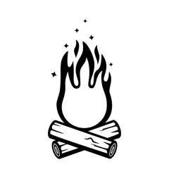 Bonfire with logs in the open air in a linear style. concept of camping and relaxing in the open air. flat vector