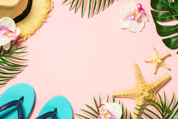 Summer flat lay background. on pink 