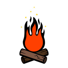 Bonfire with logs in the open air in a linear style. concept of camping and relaxing in the open air. flat vector