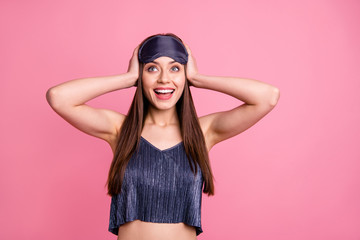 Naklejka premium Close up photo beautiful amazing she her lady hold hands arms hold head unexpected free shopping black friday prices excited wear blue silky sleeping suit costume mask isolated pink background