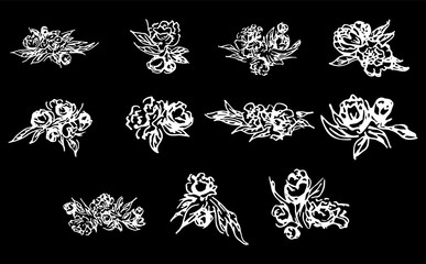 Abstract peonies and roses isolated on black background. Hand drawn floral collection. 11 floral graphic elements. Big  set. Outline icons