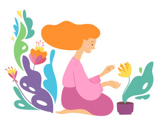 Vector illustration with a woman love planting flowers 