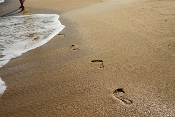 Beach, wave and footprints - woman walking barefoot leaving footsteps in sand 