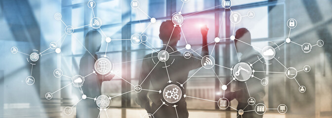 Technology industrial business process workflow organisation structure on virtual screen. IOT smart industry concept mixed media diagram.