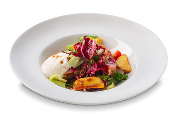 Salad with fried potato, red cabbage, mozzarella, bacon and tomato isolated on white