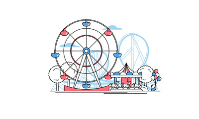 Luna park vector illustration. Amusement park with attractions like ferris wheel, balloons, merry-go-round carousel and roller-coaster. Line art coloured in red and blue. Isolated on white background.