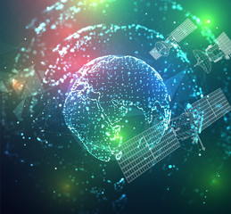 vector 3d background. communication satellite in a volumetric triangular style. abstract caotic particle explosion