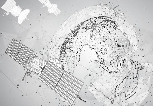 vector 3d background. communication satellite in a volumetric triangular style. abstract caotic particle explosion