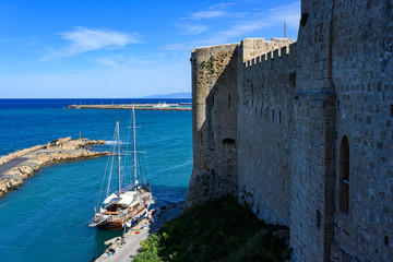 Part of the walls of Kyrenia Castle in Cyprus, view from the Old harbour