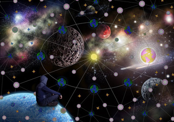 Man sitting on the planet looks into space © kobzev3179
