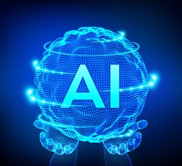 AI Artificial Intelligence Logo in hands. Artificial Intelligence and Machine Learning Concept. Sphere grid wave with binary code. Big data innovation technology. Neural networks. Vector illustration.