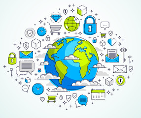 Global communication concept, planet earth with different icons set, big data, internet activity, global network connection, vector, elements can be used separately.