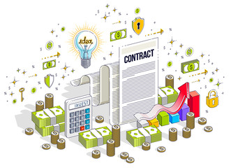Financial contract concept, paper legal document and cash money stacks isolated on white background. Vector 3d isometric business illustration with icons, stats charts and design elements.